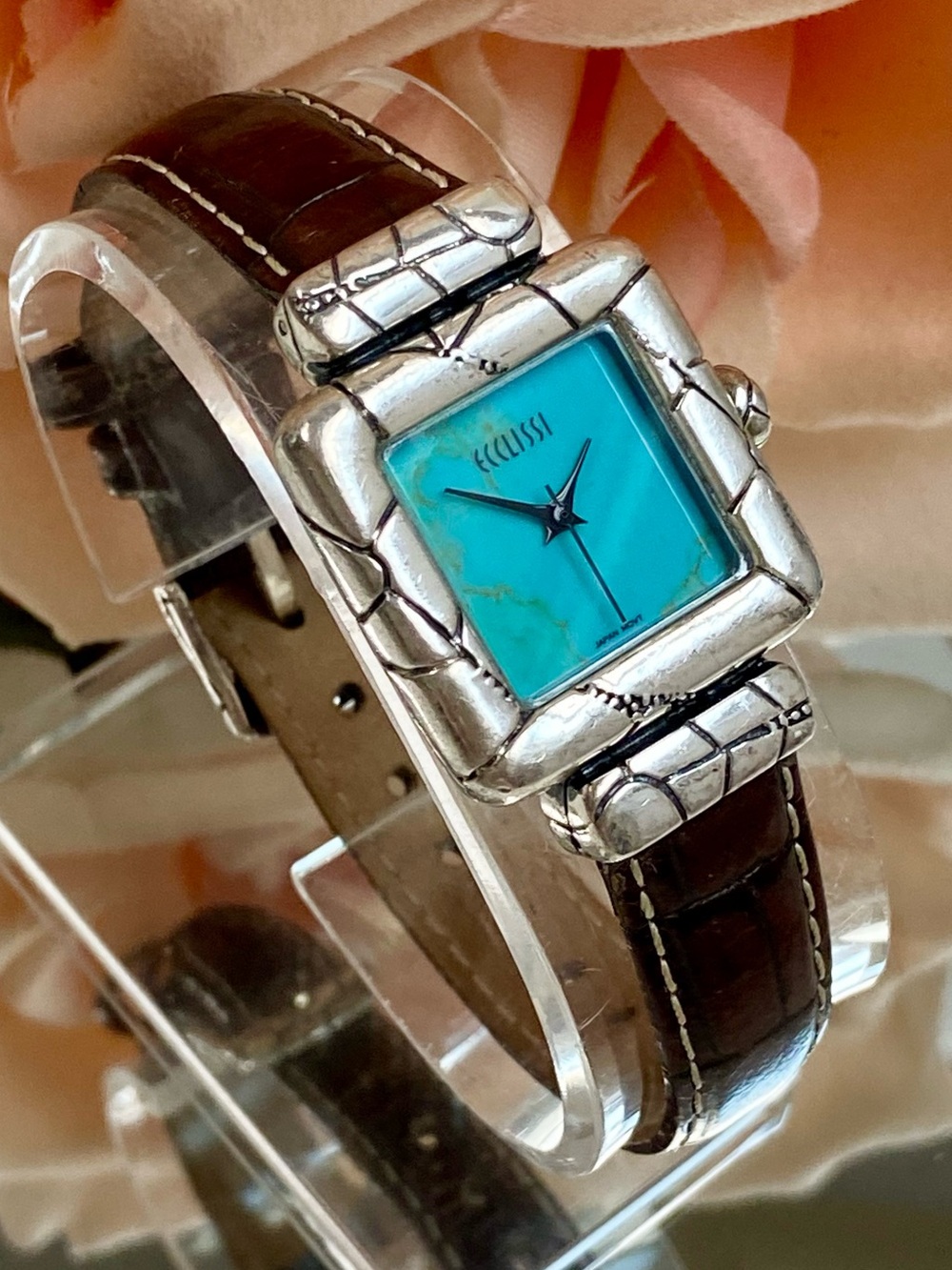 Vintage Ecclissi Square Sterling Silver Watch with Turquoise Dial